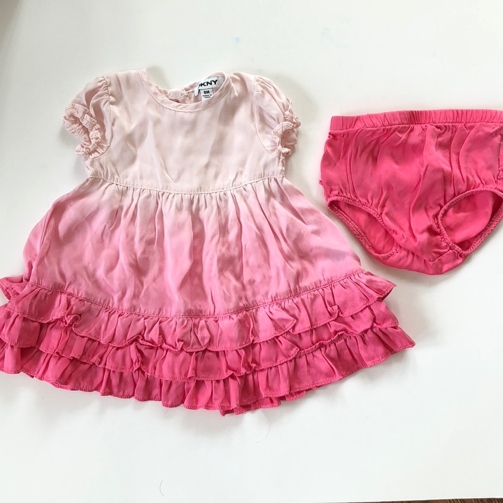 DKNY pink ombré silk ruffle dress diaper cover 6M
